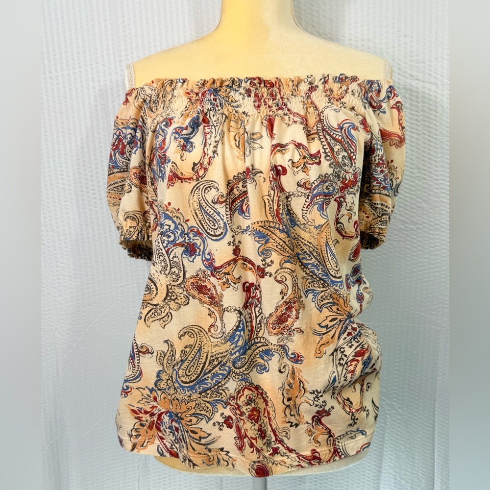 Women’s Chaps Y2K Off The Shoulders Boho Bohemian Beige Pull Over Top Size Med